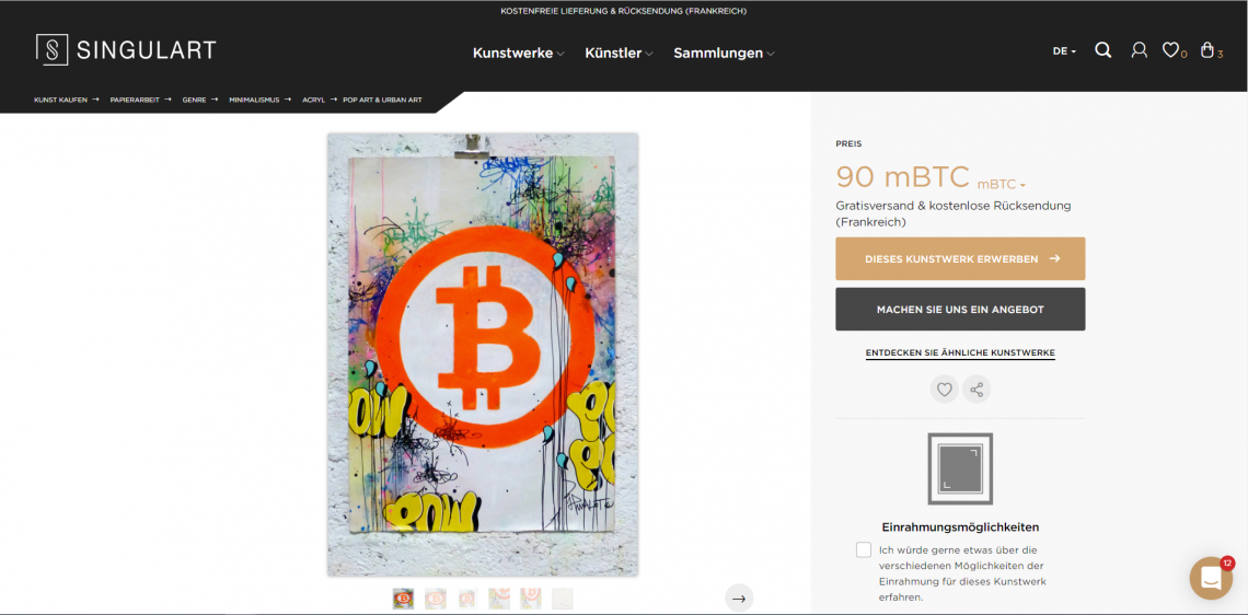 Titelbild: Bitcoin-Kunst: "Bitcoin 2018!" von Jp Malot, Acryl, Collage, Aquarell, Graffiti, Filz, Tinte auf Papier, 70x50cm. Zu erwerben auf Singulart.