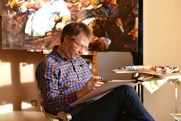 Evgeniy Monahov im Studio: Making new sketches for future artworks.