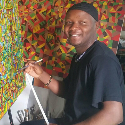 Angu Walters im Studio: Angu Walters paints in his studio in Cameroon, Africa. Many of his paintings are available from USA.