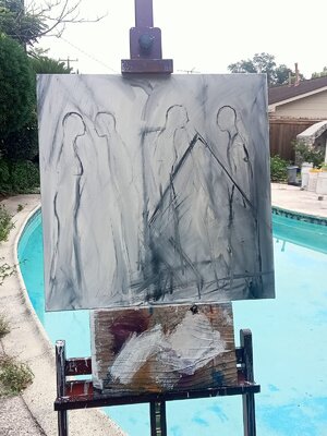 Alejandro Naranjo im Studio: Life series: Encounters - Work in progress. Oil on canvas.