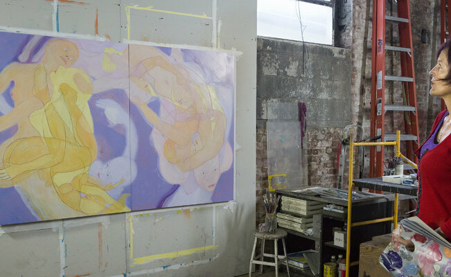 Sol KJOK in de studio: Any physical process of creation, like the act of healing, therapeutic touch and loving embraces, involves the hands as powerful ministers of our thoughts and spiritual energies. The painting resonates with the chi that was poured into its making.