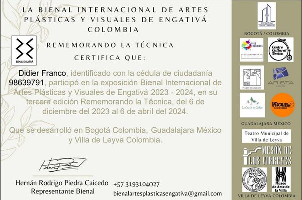 Didier Franco im Studio: certificado Bienal Engativá, Guadalajara y Villa de Leyva 2023 - 24