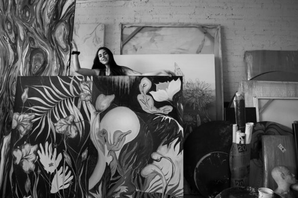 Alexia López Sosa in the Studio: In the studio with her newest production; Tree interior, Spring and Punto Aries... and some other artworks in the back.