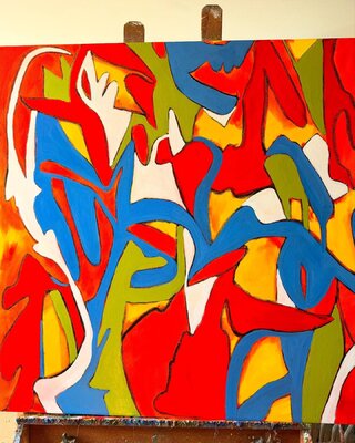 Steven Miller dans le studio: Artwork on easel in the art studio of www.stevenwmiller.com @stevenmillerart2022