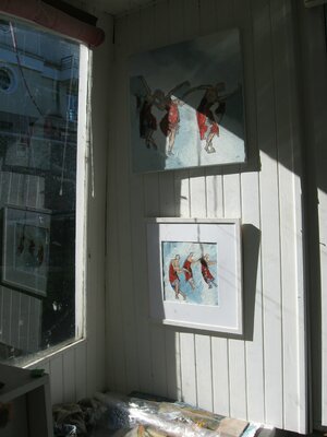 Corinne Malfreyt in the Studio: Des tableaux petits formats aux mur de l'atelier sur l'eau de Corinne Malfreyt (Péniche L'Avalant)