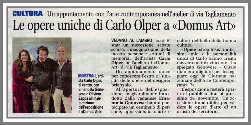 Carlo Olper nello studio: Articolo del Quotidiano nazionale Il Giorno dedicato alla mostra personale "Attimi di Memoria" che si è svolta nei mesi di ottobre e novembre 2018 presso la Galleria Domus Art di Vedano al Lambro