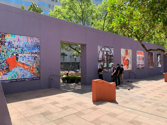 Ezra Bejar in the Studio: Orange Mask at the IAA USA World Art Day (WAD) installation at Pershing Square, Los Angeles, CA