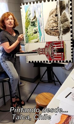 Estela Del Valle Mañez in de studio: Pintando en su Atelier "SELLO de CONSTITUCIÓN". ----Una pintura que muestra tres lugares emblematicos de la ciudad de Constitución, Chile, trasformandola en un SELLO POSTAL.