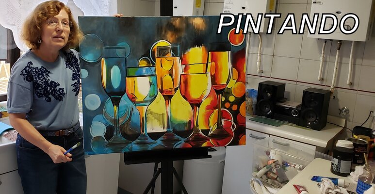 Estela Del Valle Mañez in de studio: Pintando en su Atelier "COPAS",  una forma y color muy original de representar  y pintar ----, en este caso las copas-