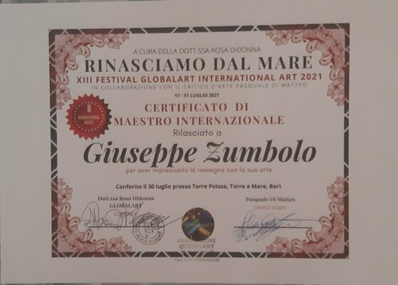 Giuseppe Zumbolo im Studio: 2021. Ricevuto importante riconoscimento di Artista Internazionale.