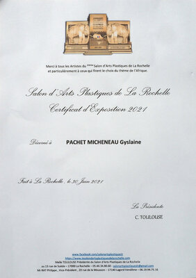 Gyslaine Pachet Micheneau nello studio: 202107Certificat d'exposition au 35éme Salon des Arts de La Rochelle