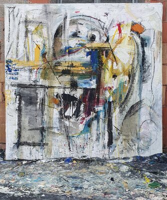 Christian Büffel nello studio: Großformatiges Gemälde von Christian Büffel in der Entstehung