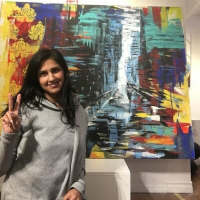 Mariam Qureshi in the Studio: Me spending time with one of my paintings " Transitions II", which took me almost 3 months to complete.