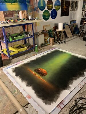 Alessandro Piras nello studio: A large painting on canvas, painted with acrylic colors and spray paint.