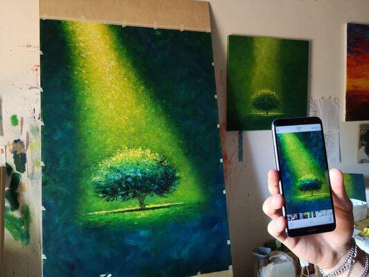 Alessandro Piras nello studio: A large painting on commission . I am checking the colour between the rough and the final work.