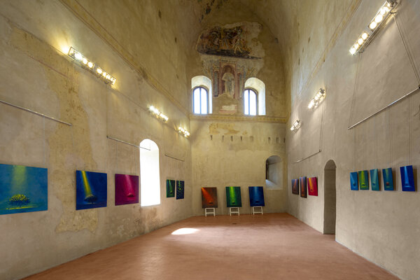 Alessandro Piras nello studio: Personal Exhibition at Montefiore Conca with my enlightened trees. The magic unique location of this ancient hall inside the Malatestian Fortress, with its 10 meters height, has been a wonderful experience.