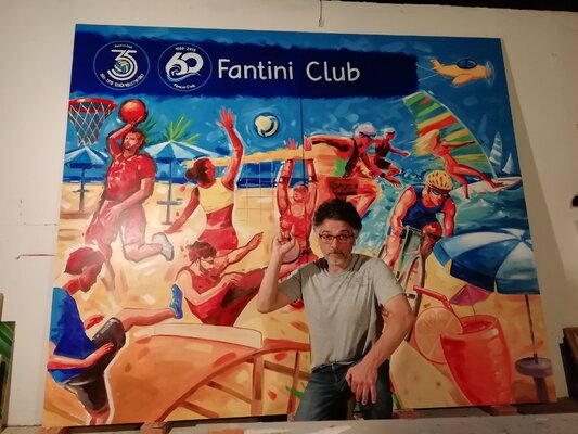 Alessandro Piras nello studio: Behind me you can see the finished painting...enamels on wood ready to be hanged up outdoor.