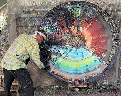 Dietmar Brixy im Studio: Creation Process: Tapestry Bamboo Bubble, 2023, Öl auf Nessel, 180 cm