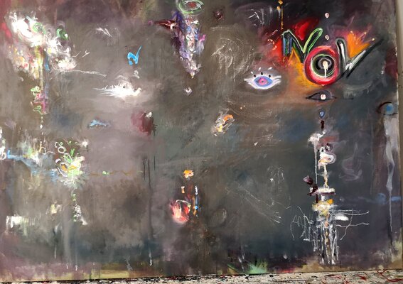 Titus Meier nello studio: "Now"   Öl / Kreide / Pinsel / Hand     110 x 160cm