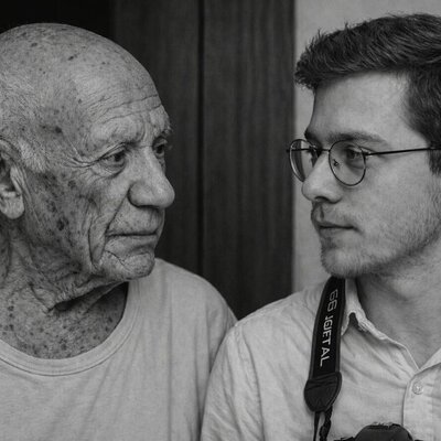 Ángel Alcalde in the Studio: Hay recuerdos que no envejecen, que ganan hondura con los años, y aquel de 1971 brilla hoy con luz propia. Pablo Picasso, con noventa años y la vitalidad intacta de los genios, y yo, en plena juventud, entrabamos en la plaza de toros de Arles. En el 