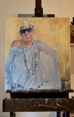 Christiane Bernreuther in de studio: Neues Ölgemälde auf meiner  alten Staffelei, im Atelier