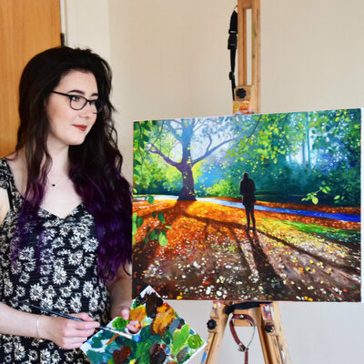 Christina Symes in de studio: With my completed painting ‘Liberation’, 2020