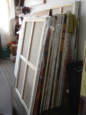 Angie Brooksby-Arcangioli in the Studio: Stacks of paintings 150x100cm, commission for Gables Residential