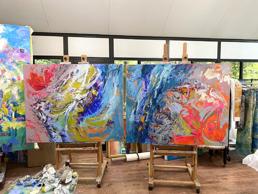 Dorothy Fagan im Studio: The River Runs Through Her diptych in process