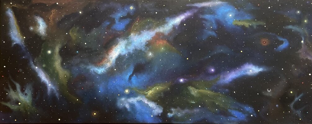 Anne-Tjerk Mante in de studio: 'Universe' (2023, acrylic on linen, 70x175cm)