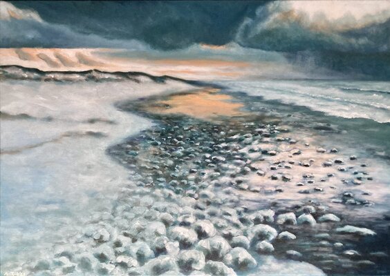 Anne-Tjerk Mante in de studio: 'Winter landscape with dune, beach and sea' (2023, acrylic on canvas, 63x89cm)
