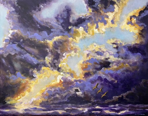 Anne-Tjerk Mante in de studio: 'Wild cloudy skies with three cranes' (2024, acrylic on linen, 70X90cm)