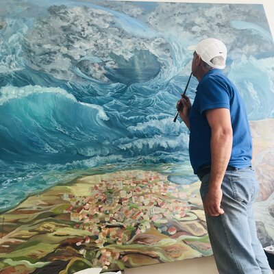 Pintor Nicolas dans le studio: The last strokes and end of the work on “Tsunami, ultimatum” size 230x200 cm