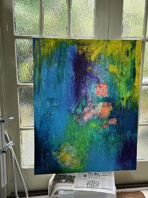 Stephanie Boyce im Studio: Work in progress. ‘Stepping stones’ mixed media on canvas.
