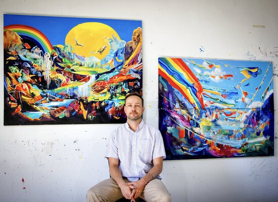 Simon Boyd in the Studio: Artist sitting in front of recent work