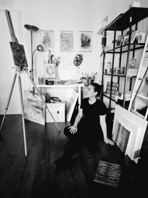Rim Elias im Studio: me thinkin how shall this painting be finished?