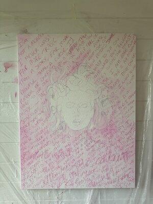 Stephanie Tripolitaki in de studio: initial set up of my new painting and the poetry as a base layer that I build apon