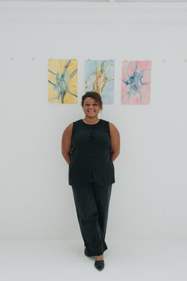Roxanne Louise Pinto Hjorth in de studio: The artist in presenting a series featuring, from left to right: Lichen, Mountain, and Spider.