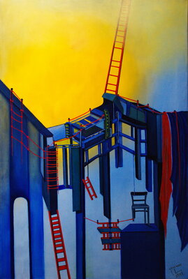 Ulla M. Neuhaus in de studio: Karriereleiter or rise and fall, dieses Kunstwerk wurde mit dem Palm Art Award, Honoury Member of the Jury Prize 2020, Quedlinburg (D)  ausgezeichnet