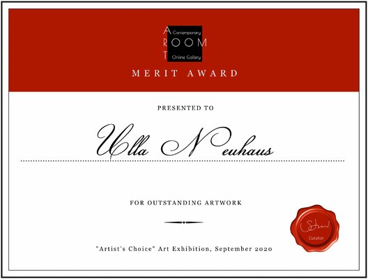 Ulla M. Neuhaus in de studio: "Artist's Choice' Art Exhibition, Artroom Gallery, Gewinnerin 2020 Merit Award for outstanding Artwork, Garstang (GB)