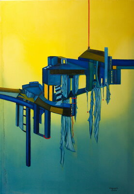 Ulla M. Neuhaus in de studio: theatre crash by covid -19, dieses Bild gewann den "Artist's Choice' Art Exhibition, Artroom Gallery, Gewinnerin Merit Award for outstanding Artwork, Garstang (GB)