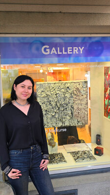 Daria Luhova in de studio: My works on view in the gallery window during the exhibition Beyond the Form (Switzerland, 2025)