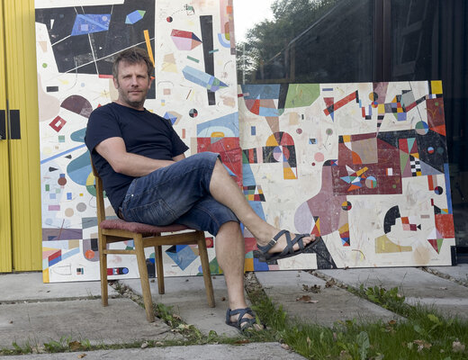Peteris Lidaka in the Studio: Photo from summer 2024 in front of my studio