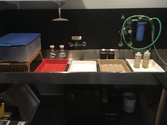 Mark LaRiviere nello studio: This is the wet chemistry sink where I process the contact prints in a series of clearing baths that wash away the unexposed metal salts.