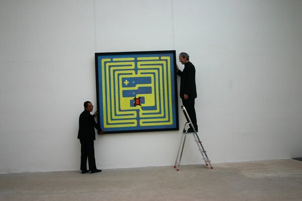 Moorland Productions (Kenneth Hay / Seetha A) in the Studio: Hanging "CM_018 (AW)" in the Nová Sín Gallery, Prague, 2011
