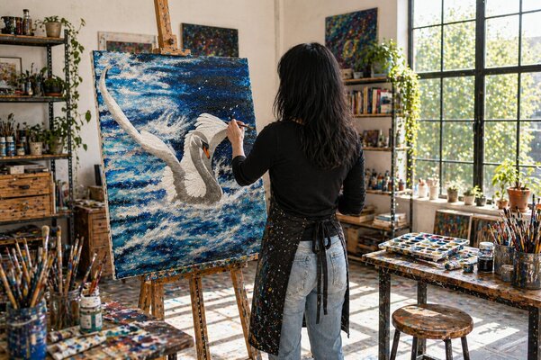 Maria Elena Di Lascio nello studio: Fluid Art -ultimi ritocchi a pennello