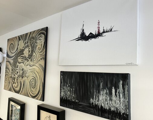 David Coulson dans le studio: 'Campers Island' and "Small Bay'  hanging on the wall near my desk.