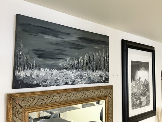 David Coulson dans le studio: 'Rapids no.2' hanging on the wall in the shop.