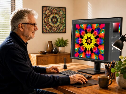 Werner Fleischmann in the Studio: Im Prozess zwischen Staunen und Trauer – Werner Fleischmann entwickelt digitale Bildräume, die innere Resonanzen sichtbar machen.