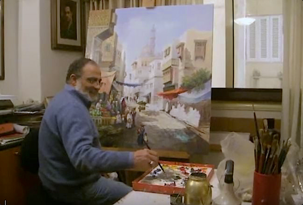 Mansour Ahmed en el estudio: Mansour painting a well-loved Masterpiece of the streets of Cairo, Egypt