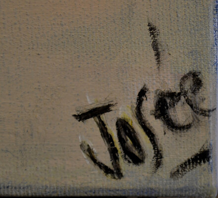 Marie-josé Deroide in de studio: ma signature m'accompagne et me représente, elle arrive quand il faut en prenant la couleur et le sens du tableau, sa présence est indispensable